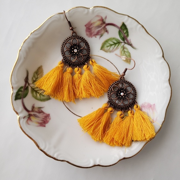 Jewelry - Boho Gold Fringe Tassel Drop Dreamcatcher Earrings